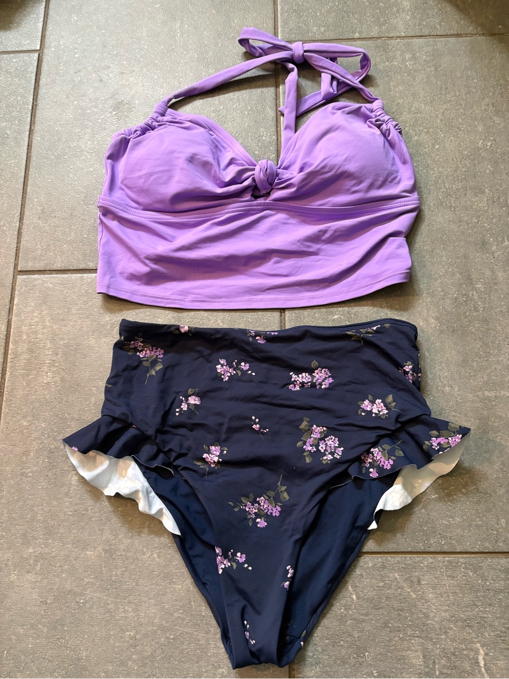 Lands' End Lilac Top with Navy Floral High-Waist Bikini Bottoms